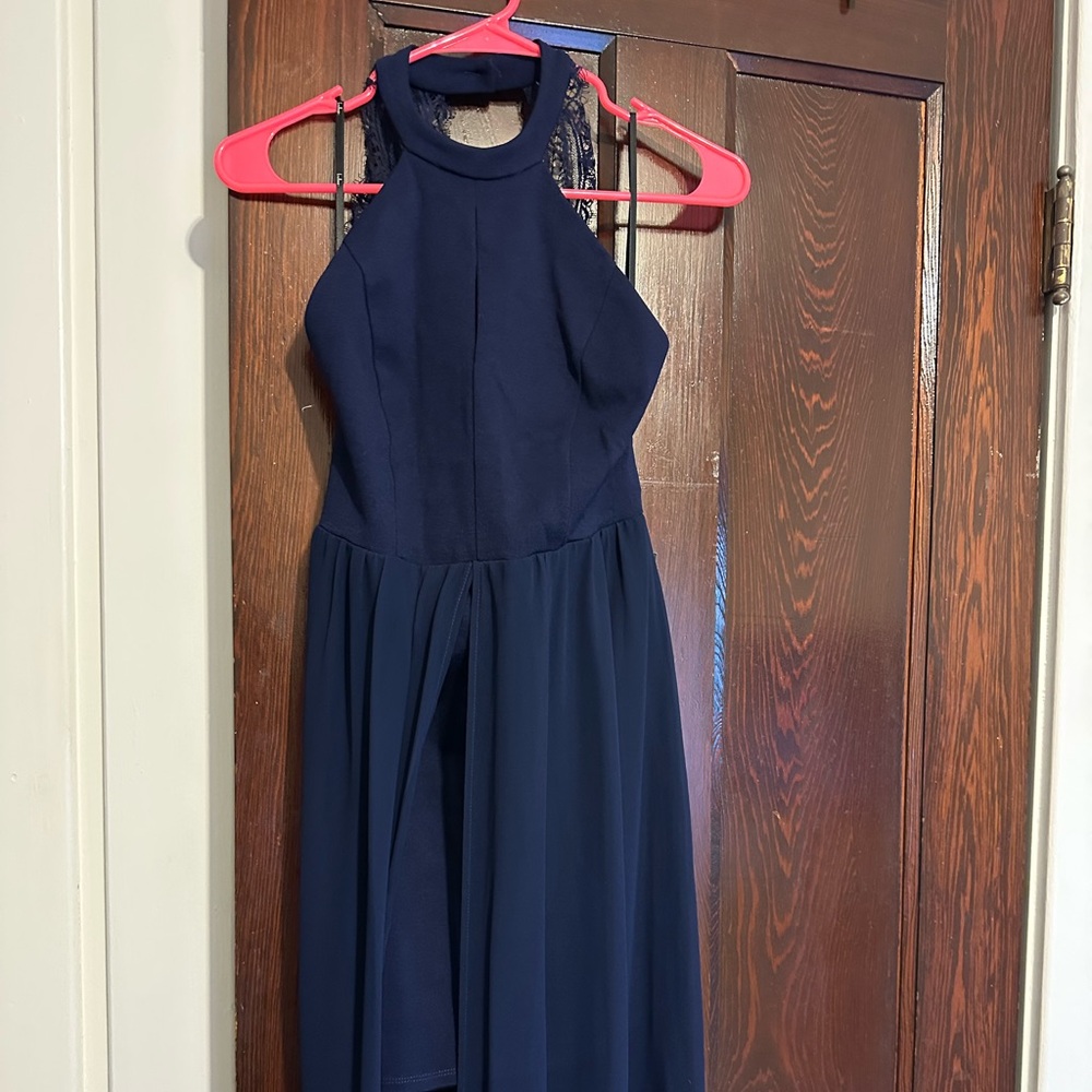 Lulu's NWT Navy Halter midi dress with maxi overlay. NWT. Size S.